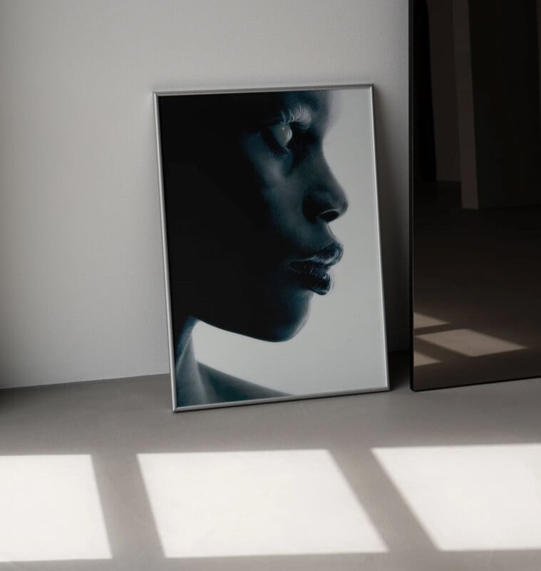 A framed portrait of a person in profile, displayed on the floor against a wall. The image uses low lighting, highlighting the contours of the face. Sunlight casts window-shaped shadows on the floor nearby.