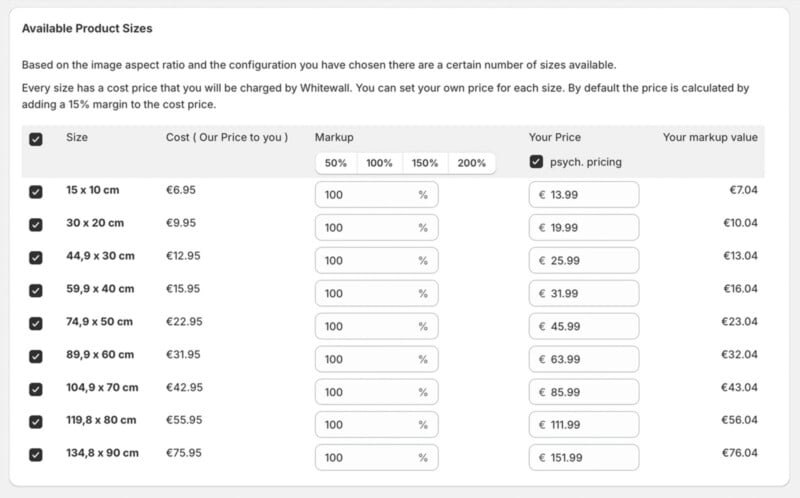 A table displays available product sizes with columns for image size, base cost, markup percentages (100%, 150%, 200%), and your price. Prices increase with each markup. An option for psychological pricing is selected.