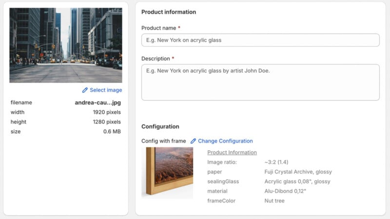 A digital interface showing product information for an art piece. On the left, a city street photo. On the right, fields for product name, description, and configuration displaying details such as image ratio, paper, sealing glass, material, and frame color.