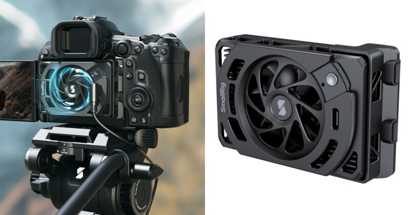 Split image: Left side shows a camera on a tripod with a cooling fan attached to its back. Right side displays a close-up of the cooling fan, designed for electronics, highlighting its vents and compact design.