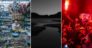 1. Left: A man reads amid a cluttered store filled with tools and colorful items. 2. Center: A serene, black-and-white landscape of a river winding through hills. 3. Right: A jubilant crowd celebrates with a red flare and flags at night.