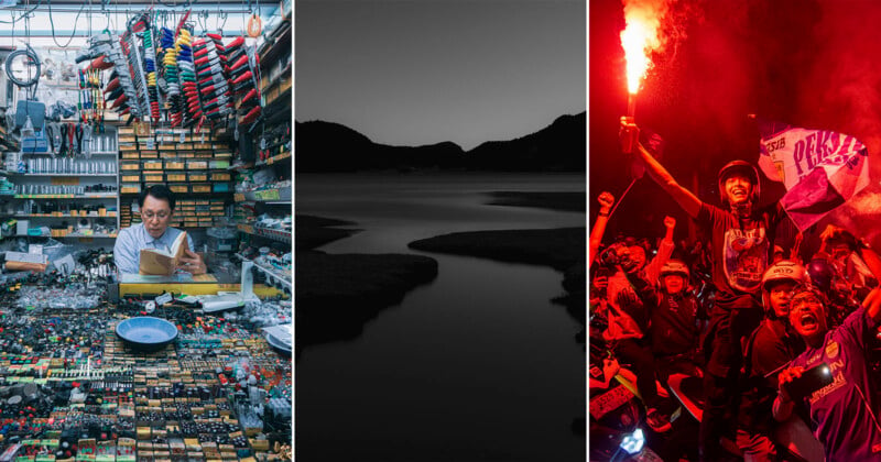 1. Left: A man reads amid a cluttered store filled with tools and colorful items. 2. Center: A serene, black-and-white landscape of a river winding through hills. 3. Right: A jubilant crowd celebrates with a red flare and flags at night.