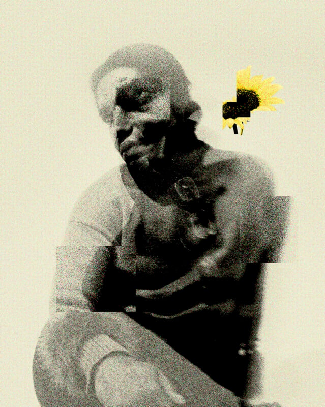 A monochromatic, abstract art piece of a man sitting with his arms crossed. The image has a grainy texture with overlaying patterns, and a vibrant yellow sunflower near the top right, adding a touch of color.