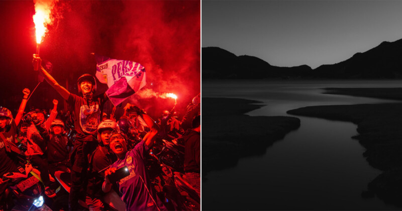 Left side: A group of people celebrating at night with red flares and a flag, joyful expressions on their faces. Right side: A black and white landscape with a calm body of water and silhouetted hills in the background.