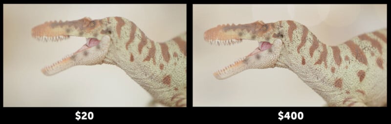 Side-by-side comparison of two dinosaur models. The left model, labeled "$20," has less detail and poorer finish, while the right model, labeled "$400," shows finer detail and more realistic texture.