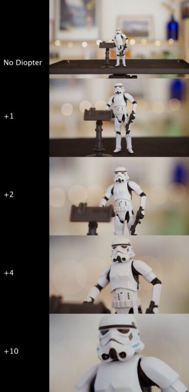 A series of five images showing a Stormtrooper figure. Each image is progressively zoomed in, labeled from "No Diopter" to "+10." The background is consistently blurred, with a bokeh effect.