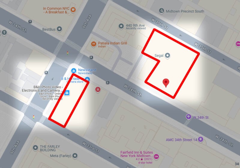 Map showing an area around 9th Ave and W 34th Street with two locations outlined in red. Nearby landmarks include a newsstand, electronics store, Indian restaurant, and a hotel.