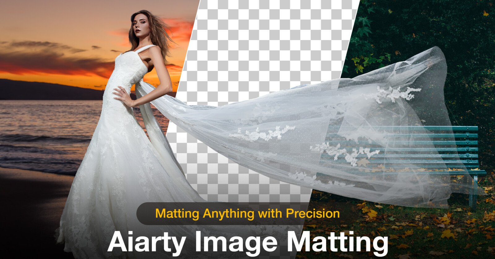 A woman in a wedding dress stands on a beach at sunset. The background transitions to a transparent, checkered pattern with a partially outlined veil. Text reads: "Matting Anything with Precision - Aiarty Image Matting.