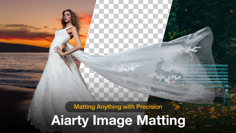 A woman in a wedding dress stands on a beach at sunset. The background transitions to a transparent, checkered pattern with a partially outlined veil. Text reads: "Matting Anything with Precision - Aiarty Image Matting.