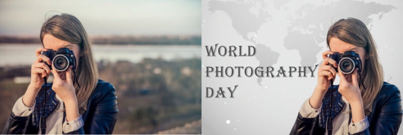 Two images of a person holding a camera up to their face. The left shows an outdoor setting, the right features a world map background with "World Photography Day" text. The person is wearing a black jacket in both images.