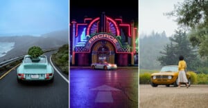 Three-panel image: Left, a car with a Christmas tree on its roof driving along a foggy coastal road. Center, a car parked in front of a neon-lit arcade at night. Right, a person in a yellow outfit standing by a vintage yellow car near greenery.