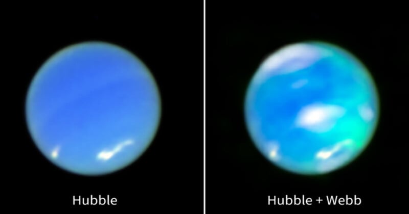 Split image comparing two views of Neptune. The left side shows a blurry blue disk labeled "Hubble," while the right side displays a clearer, more detailed view labeled "Hubble + Webb," with distinct blue and white features.