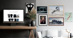 A split image: Left side shows a modern desk with a computer displaying an art website and a vase with pampas grass; a black-and-white photo is above. Right side shows a wall with five diverse framed artworks above a light gray sofa.