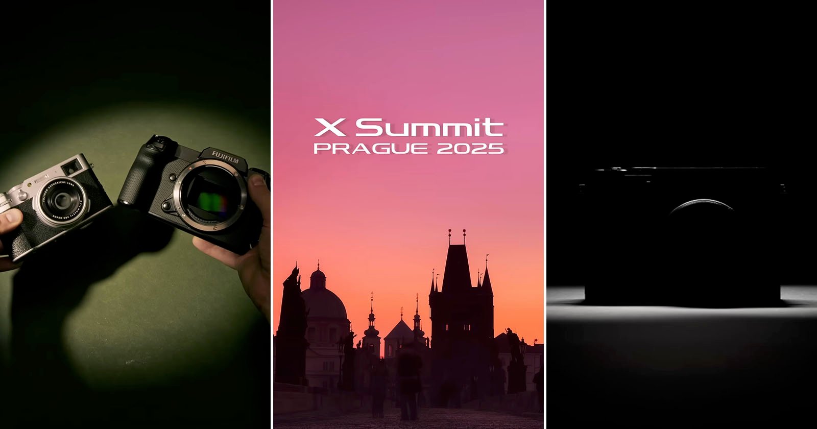 Three-panel image: Left shows hands holding two cameras; center displays a silhouette of Prague's skyline at sunset with "X Summit Prague 2025" text; right shows a shadowed camera on a dark background.