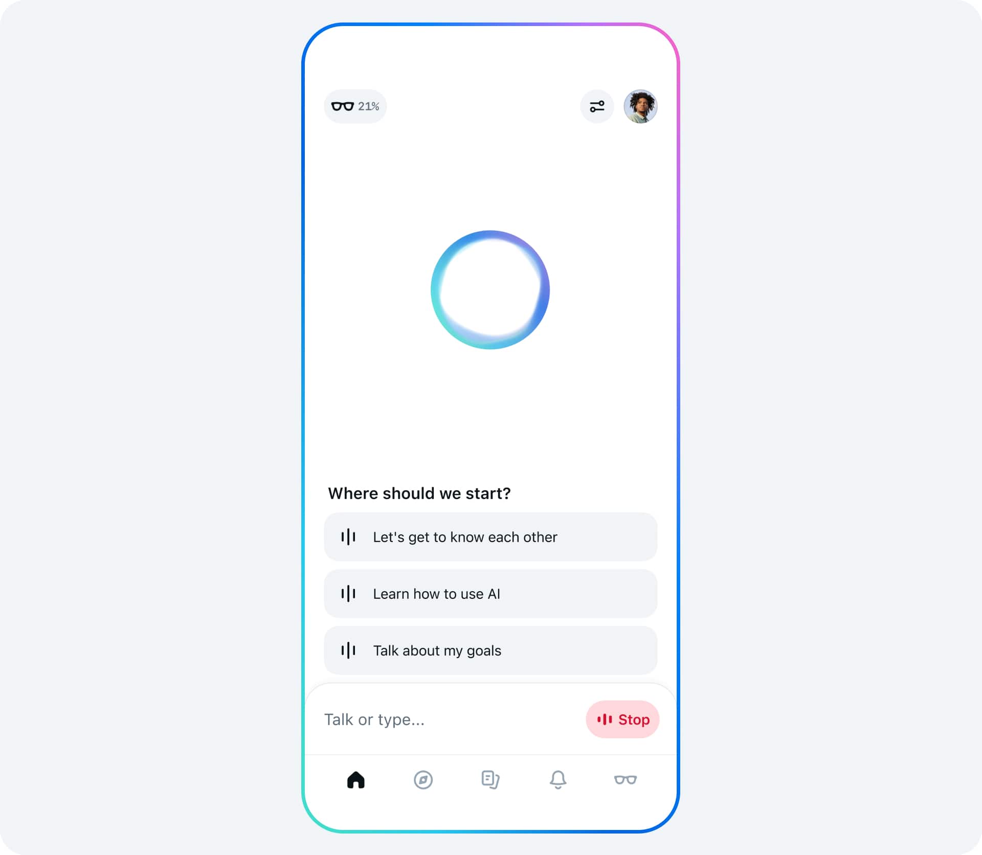 A smartphone screen displays a chat app with a loading circle in the center and three conversation options: "Let's get to know each other," "Learn how to use AI," and "Talk about my goals.