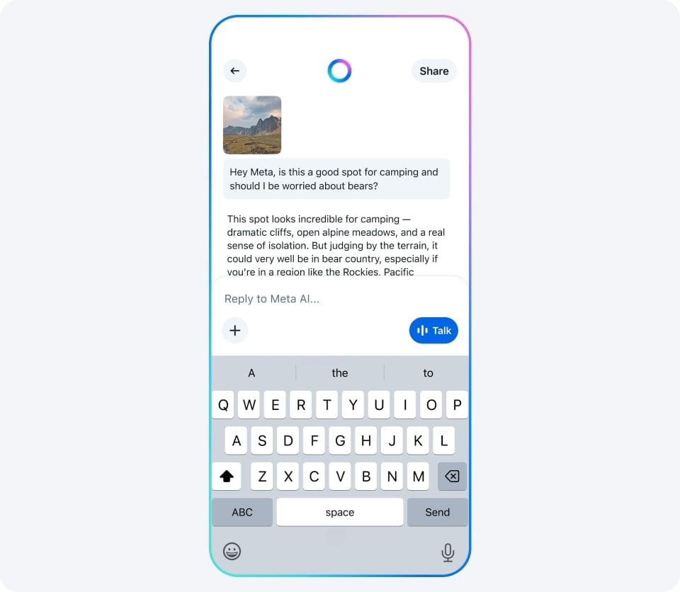 A smartphone screen displays a messaging app where a user asks Meta AI about a camping spot and bears. Meta AI responds with information about the terrain and camping conditions based on the shared landscape photo.