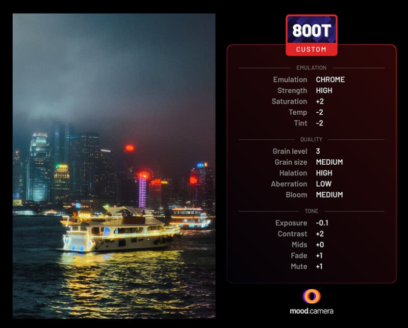 A city skyline at night with illuminated buildings and a brightly lit boat on the water. The image has a vintage film effect with detailed settings listed, such as high contrast and low aberration, from mood.camera's 800T custom emulation.