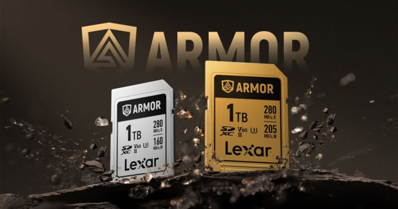 Two Lexar ARMOR series memory cards displayed, one silver and one gold, both with 1TB capacity. Each card shows read/write speeds, surrounded by debris on a dark background with the ARMOR logo prominently above.