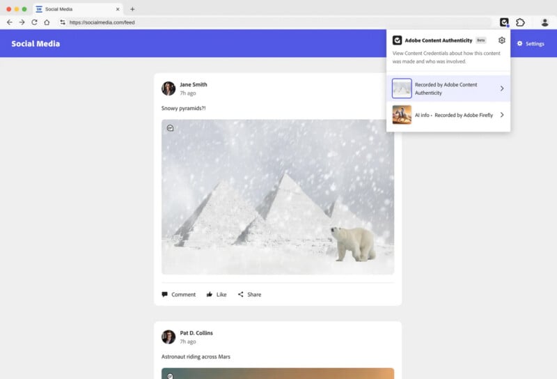 A social media feed showing a snowy image of pyramids with a polar bear, posted by a user. A pop-up menu in the corner displays "Adobe Content Authenticity" and image source details.