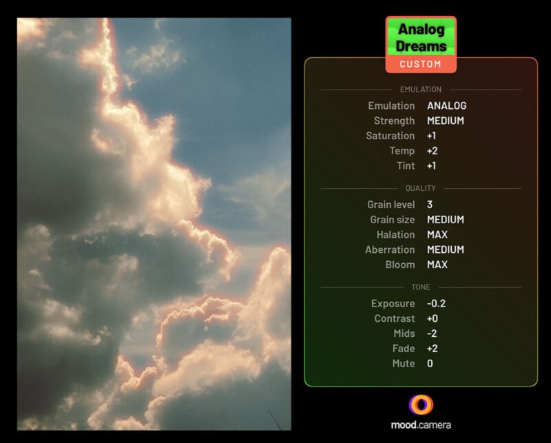 A sky with fluffy clouds illuminated by sunlight on the left. On the right, there's a list of custom camera settings titled "Analog Dreams," including emulation strength, quality, and tone adjustments for photography effects.