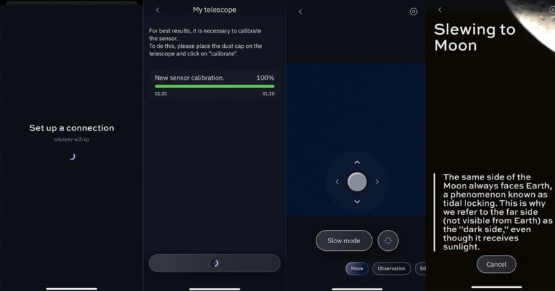 A sequence of four app screens: connecting to a telescope, calibrating sensors, a telescope control interface, and a message about the Moon's "dark side" with part of the Moon visible.