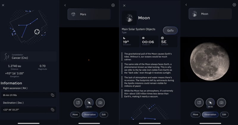 A four-part app interface shows data on the constellation Cancer, Mars as a small orange dot, information about the Moon, and a close-up photo of the Moon’s surface with craters visible.