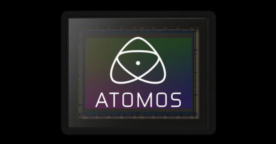 A digital sensor with the Atomos logo, featuring a stylized atom symbol and the word "ATOMOS" displayed on a gradient background within a rectangular frame.