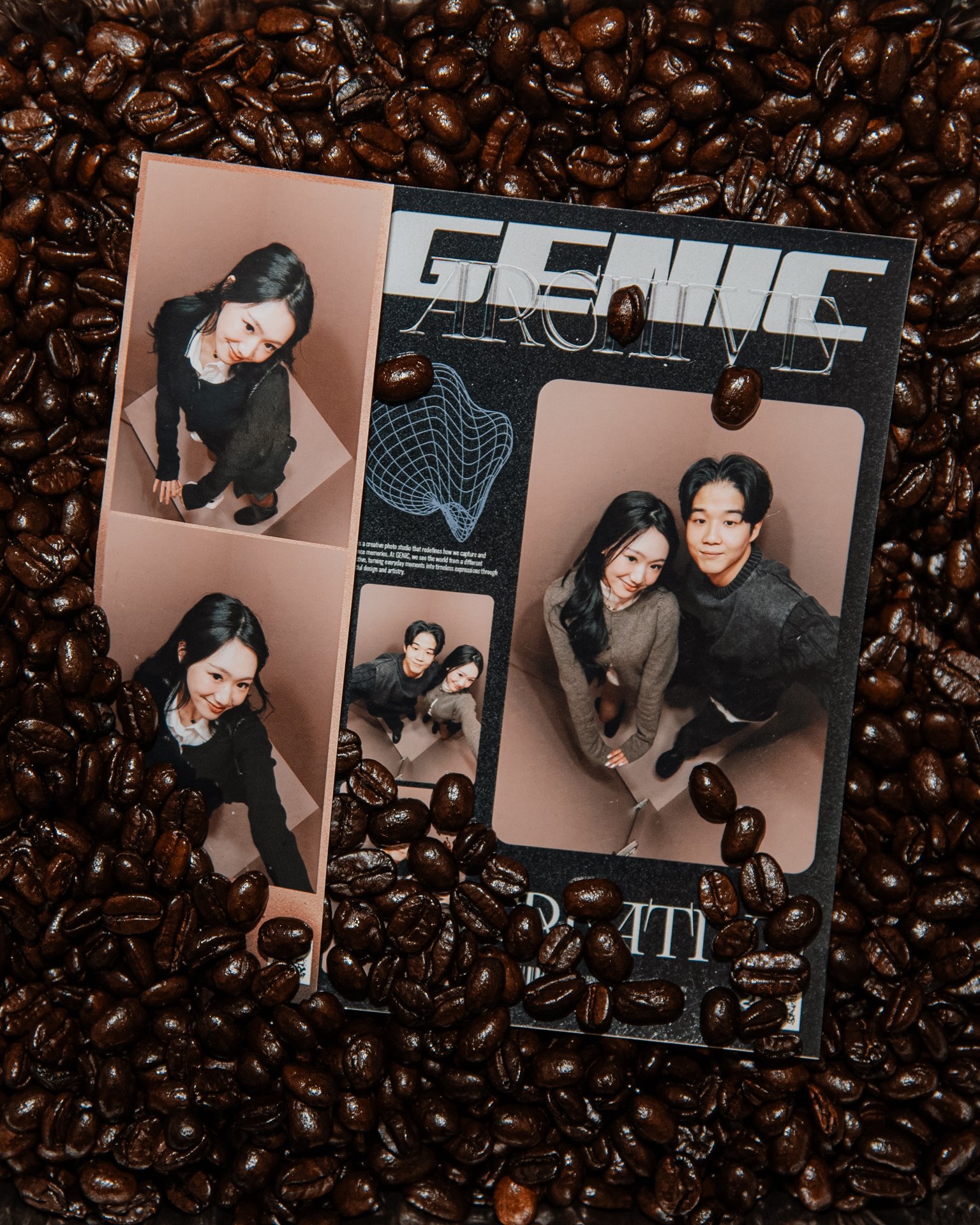 Two photo booth strips of a smiling couple posing together are placed on a bed of roasted coffee beans. The photos show the pair in various playful and happy poses.