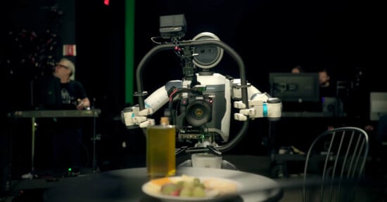 A humanoid robot operates a professional camera mounted on a rig, filming a plate of food and a bottle on a table in a dimly lit studio, with people and equipment visible in the background.