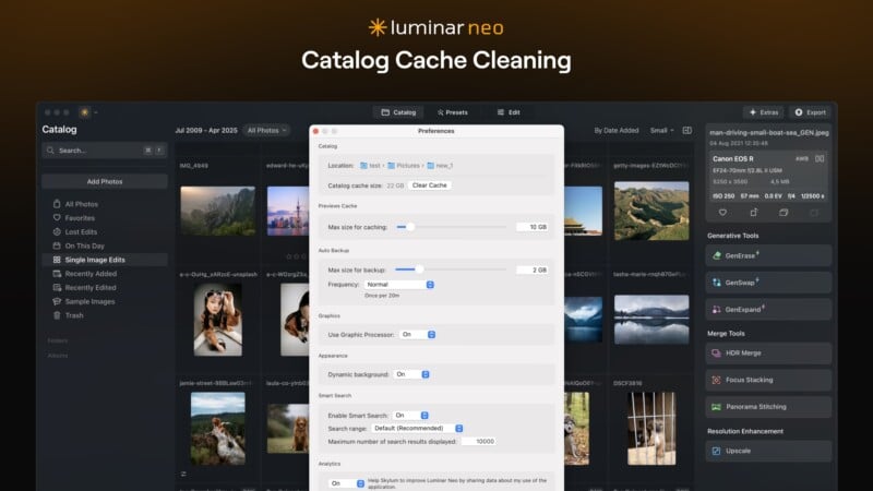 A screenshot of Luminar Neo’s Catalog interface shows a Preferences window for cache cleaning in the center, with photo thumbnails arranged in a grid behind it. The interface has dark tones and organized editing categories on the left.