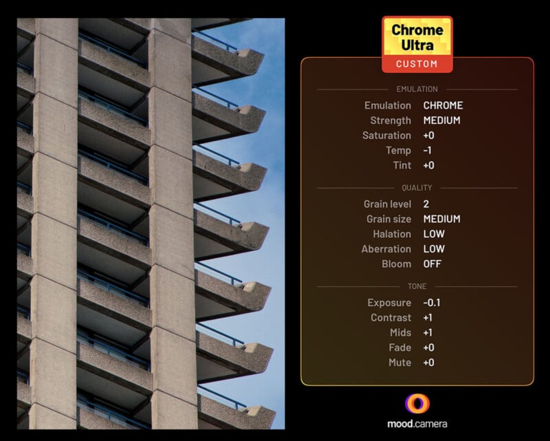 A concrete building with stacked balconies on the left. On the right, a black panel with adjustments labeled "Chrome Ultra Custom": Emulation, Quality, and Tone settings are displayed for an image. A "mood.camera" logo is at the bottom.