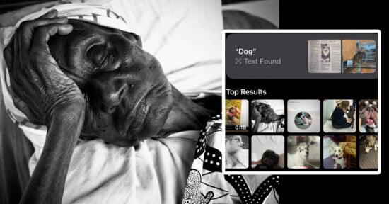 An elderly person, wearing a headscarf, rests with a hand on their forehead. A digital overlay shows an image search for "Dog" and displays various dog photos as top results.