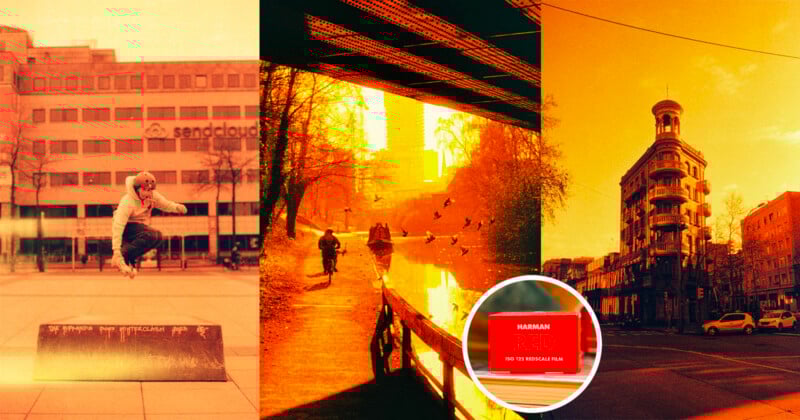 A triptych image with a skateboarder mid-jump in front of a building, people walking by a canal under a bridge with birds flying, and a historic tall building. The entire image has a red-orange filter with an inset of the "HARIMAN RED ISO 50" film branding.
