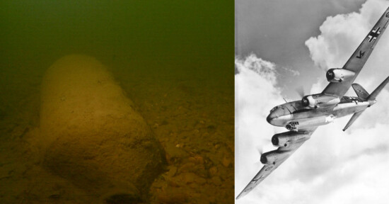 On the left, an underwater image of a submerged object covered in silt, resembling a bomb. On the right, a black and white photo of a vintage military aircraft in flight against a clouded sky.