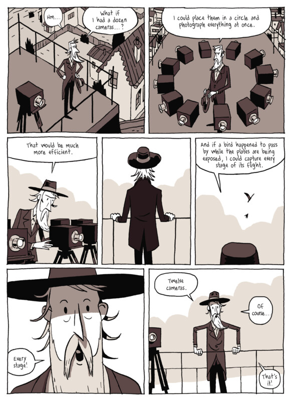 A comic strip shows a man pondering the use of a dozen cameras to capture motion in stages. He arranges cameras in a circle, imagines photographing a bird in flight, and stands proudly among twelve cameras on a rooftop.