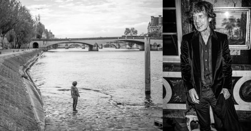A black-and-white split image: on the left, a child stands by the river with a bridge in the background; on the right, an older man in a suit stands indoors, laughing.