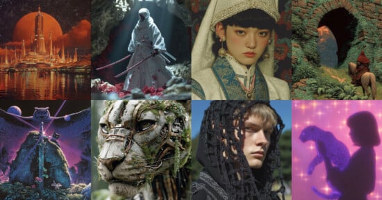 A collage of eight fantasy and sci-fi themed images featuring: a futuristic city, a warrior with swords, a woman in traditional attire, a person by ancient ruins, a cosmic owl, a robotic tiger, a hooded figure, and a person with a glowing leopard.
