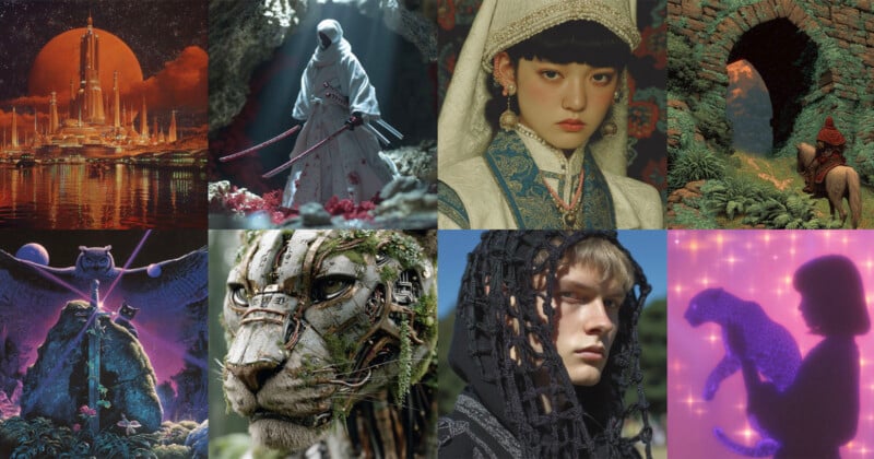 A collage of eight fantasy and sci-fi themed images featuring: a futuristic city, a warrior with swords, a woman in traditional attire, a person by ancient ruins, a cosmic owl, a robotic tiger, a hooded figure, and a person with a glowing leopard.