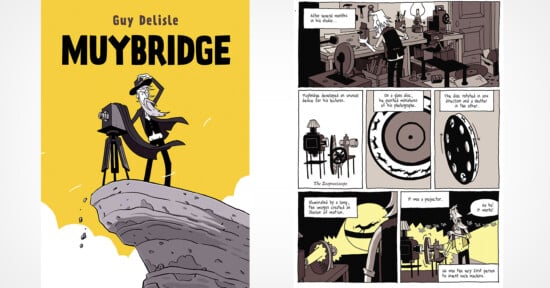 A comic page titled "Muybridge" by Guy Delisle shows a character with a long beard using an old camera on a cliff, then explaining early moving image devices with illustrated diagrams and scenes in sepia tones.