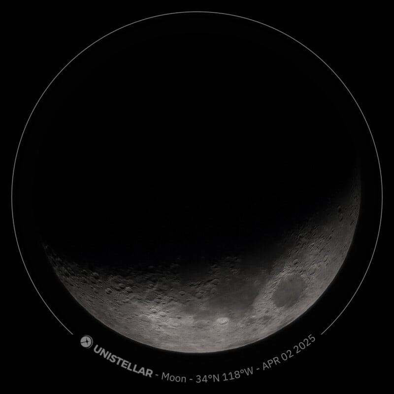 A detailed image of the Moon in a waxing phase, showing craters and shadowed regions. Text at the bottom reads: "UNISTELLAR – Moon – 34°N 118°W – APR 02 2025.