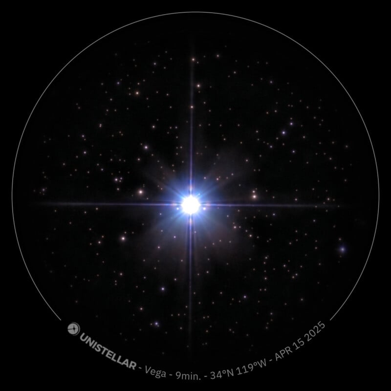A bright white star, Vega, shines at the center with radial light spikes, surrounded by many smaller stars on a black background. Circular frame labeled “UNISTELLAR - Vega - 9min - 34°N 119°W - APR 15 2025.”.