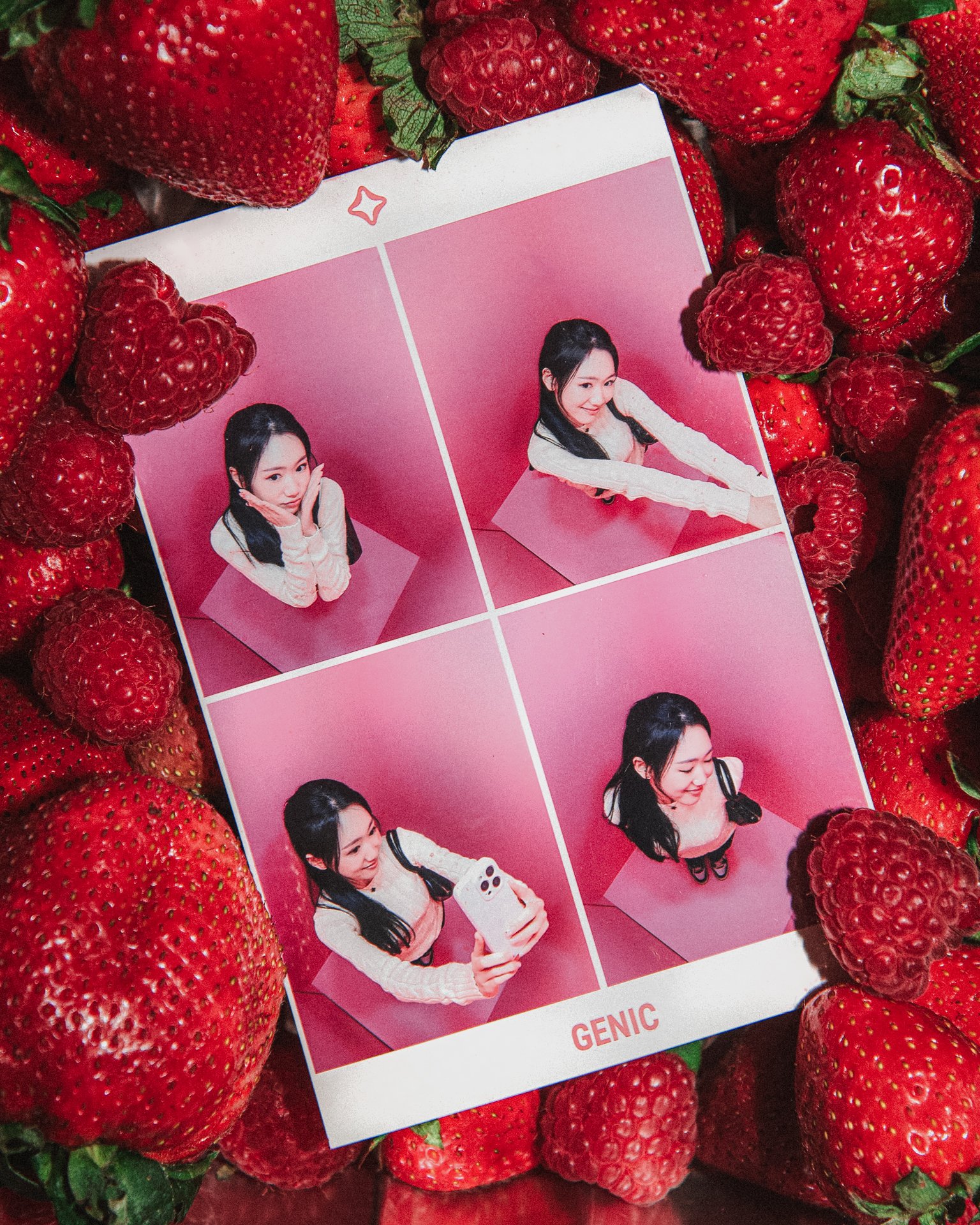 A photo booth strip of a smiling young woman posing in different angles on a pink background is surrounded by fresh strawberries.