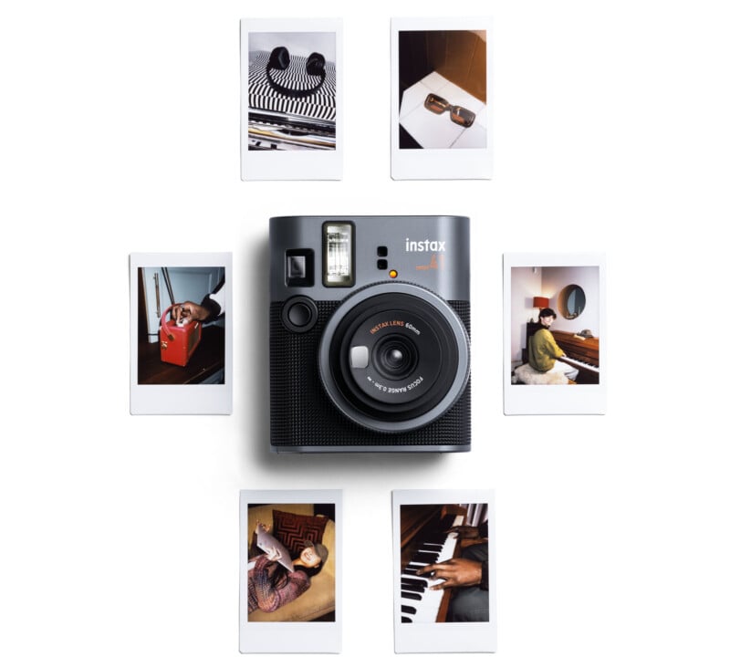 A black Instax instant camera surrounded by six Polaroid photos. The images feature sunglasses, a person playing the piano, a person lounging, and abstract patterns. The camera is centered on a white background.
