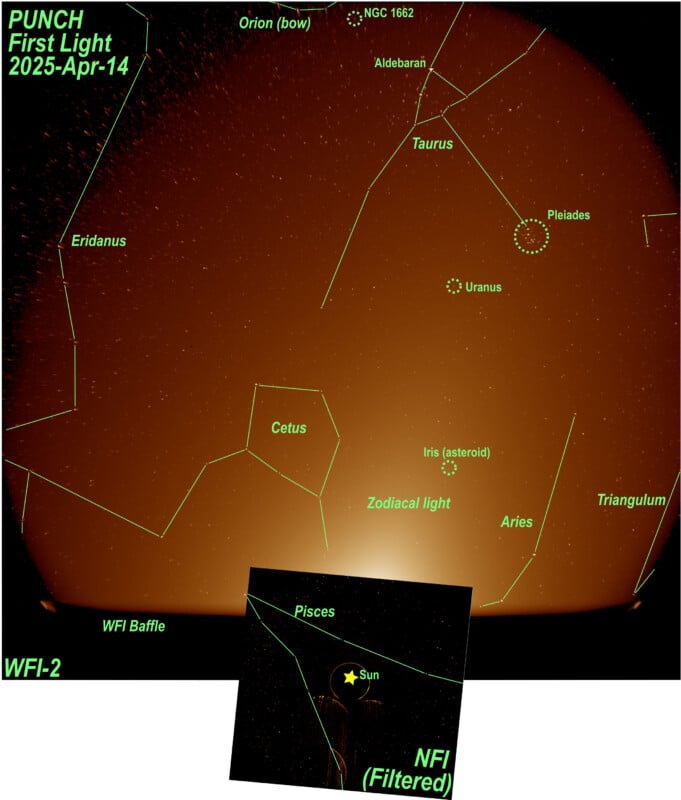 A labeled sky map from PUNCH's first light on April 14, 2025, shows constellations, planets, and celestial objects like Uranus, Pleiades, Zodiacal light, and the Sun, with insets highlighting the Sun and Pisces.