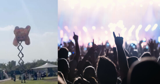 On the left, a large inflatable bear atop a lift next to a tent. On the right, a crowd at a concert with raised hands and bright stage lights in the background.