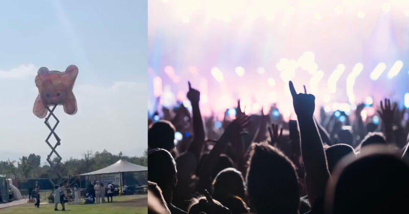 On the left, a large inflatable bear atop a lift next to a tent. On the right, a crowd at a concert with raised hands and bright stage lights in the background.