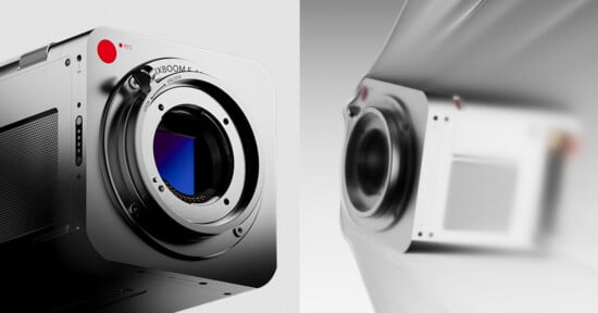 A sleek, modern camera with a prominent lens, showcasing a metallic finish. The left side features detailed controls and branding, while the right side displays a creative distortion effect, highlighting its futuristic design.