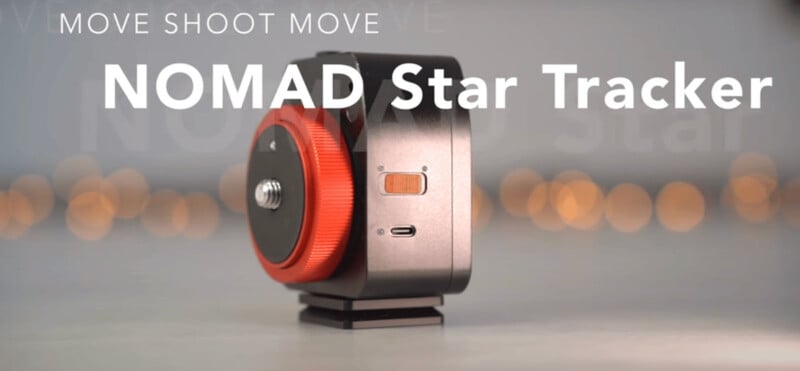 A NOMAD Star Tracker device with a red accent is displayed on a blurred background, with bold text reading "MOVE SHOOT MOVE NOMAD Star Tracker" overlaid on the image.