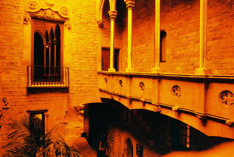 A warmly lit corridor with gothic architecture features arched windows and a stone railing. The brick walls and archways create a historic ambiance. A small plant can be seen in the lower left corner.