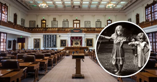A large government chamber with rows of wooden desks and a podium. The inset shows a black-and-white photo of two young girls; one holds a doll, and the other wears sunglasses.